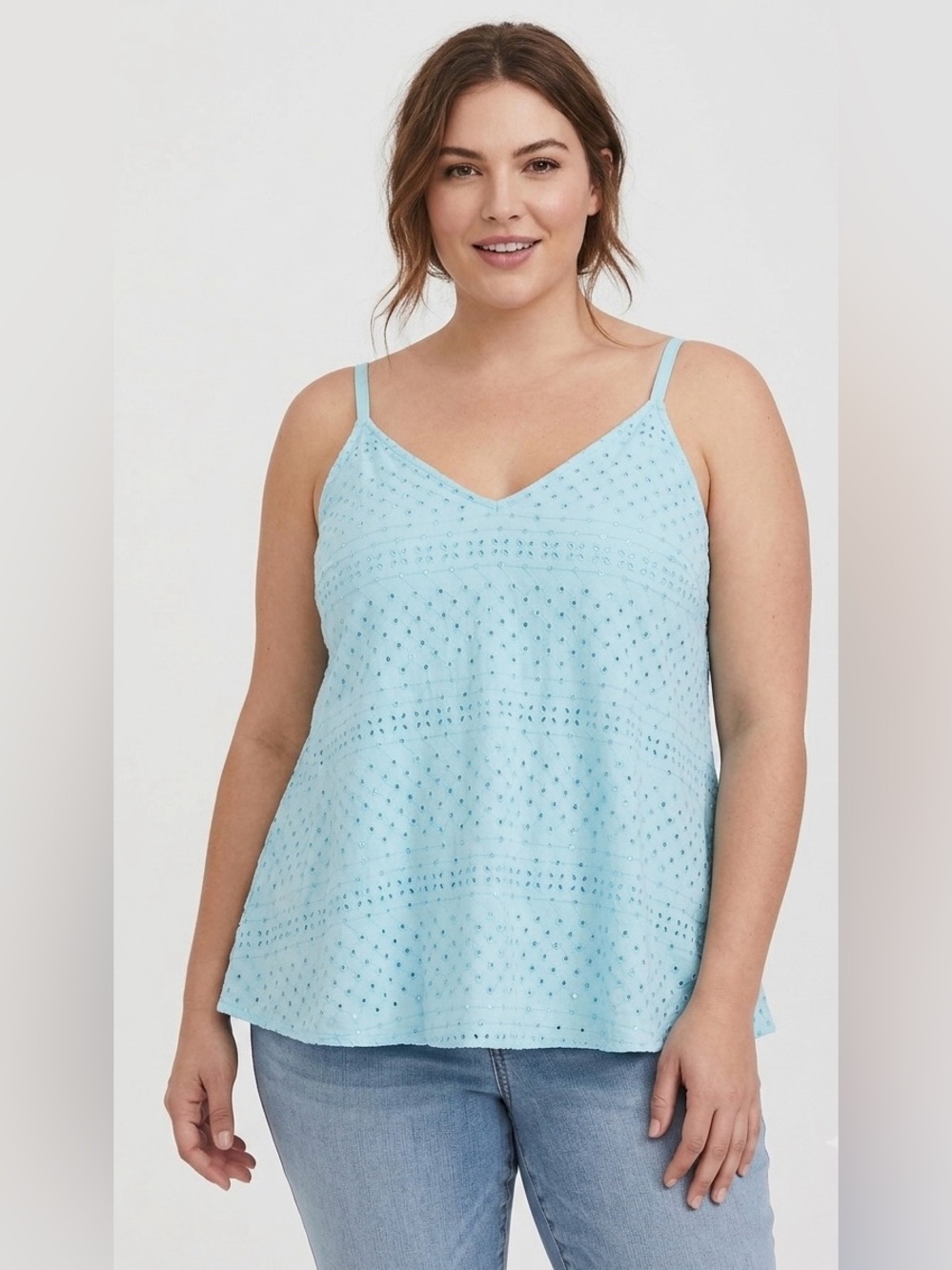 Torrid Aqua Blue Eyelet Lace Cami Tank Top Size 2 2X Plus Boho  Summer V-Neck